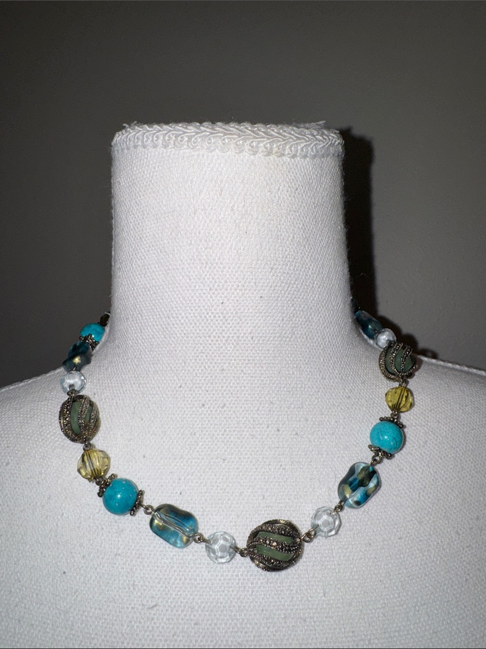 1928 Turquoise & Olive Glass Bead Necklace - 19”